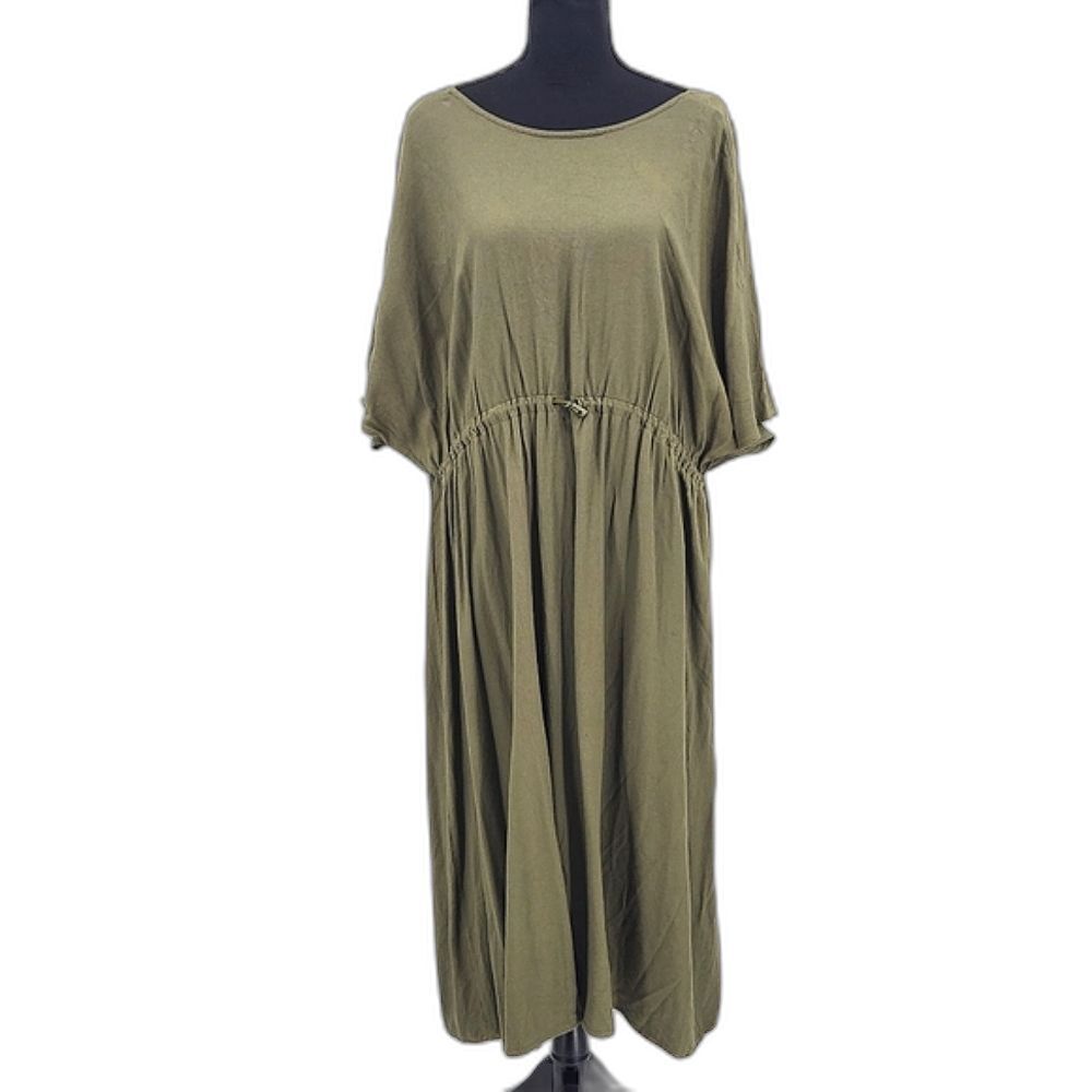 Hering Drawstring V Back Maxi Dress Women Size Medium Drab Olive Green Lagenlook